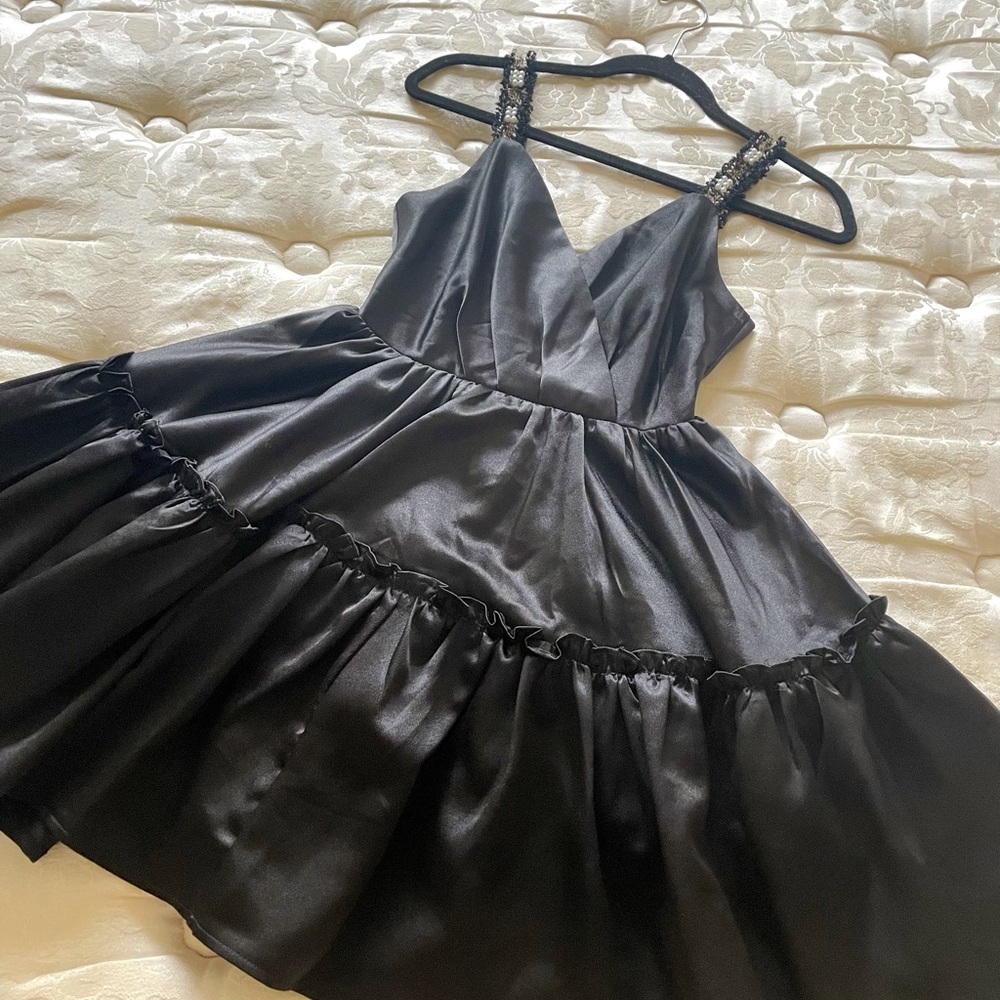 Satin tiered puffy mini black party dress